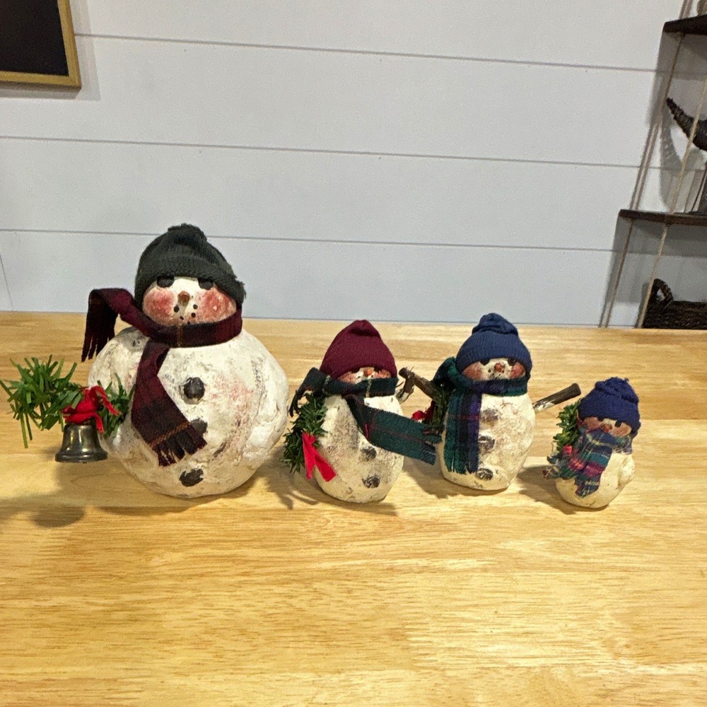 Set of 4 Snowman Christmas Figurines, Hand Painted, Signed A. Wobler